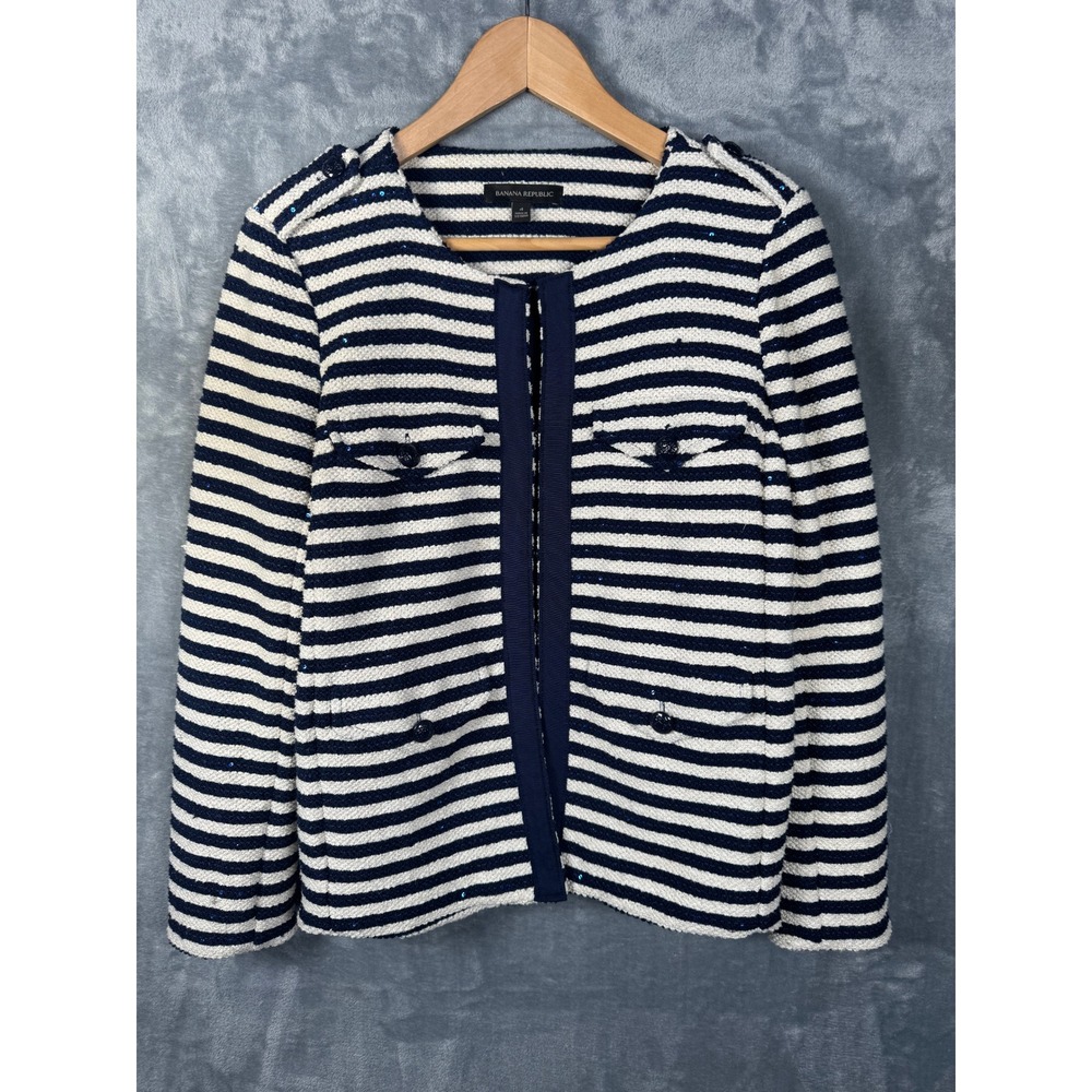 Banana Republic Striped Boucle Jacket Size 4 Navy Ivory Nautical Preppy